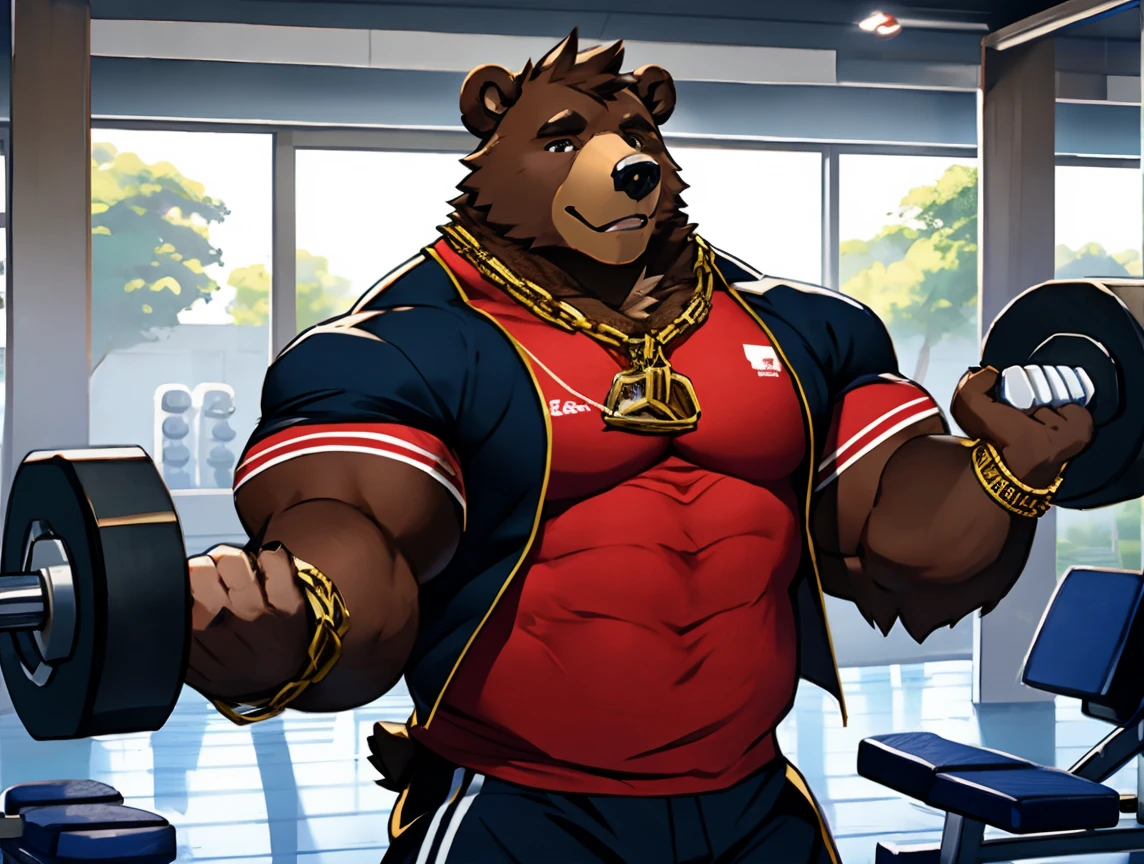 (((He has a bear head))) caminhoneiro. He is lifting weights in the gym, treinando muito arduamente. Ele veste short de treino. bandana on neck, Watch & Bracelets. He wears gold chain around his neck.modern gym scene. Seu Corpo Pesa acima dos 180 quilos. Fotografia de corpo inteiro fotografia de Corpo completo.