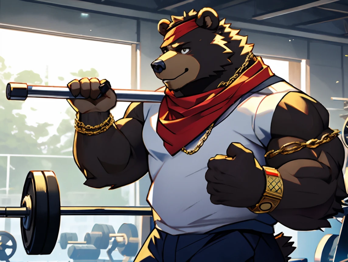 (((He has a bear head))) caminhoneiro. He is lifting weights in the gym, treinando muito arduamente. Ele veste short de treino. bandana on neck, Watch & Bracelets. He wears gold chain around his neck.modern gym scene. Seu Corpo Pesa acima dos 180 quilos. Fotografia de corpo inteiro fotografia de Corpo completo.