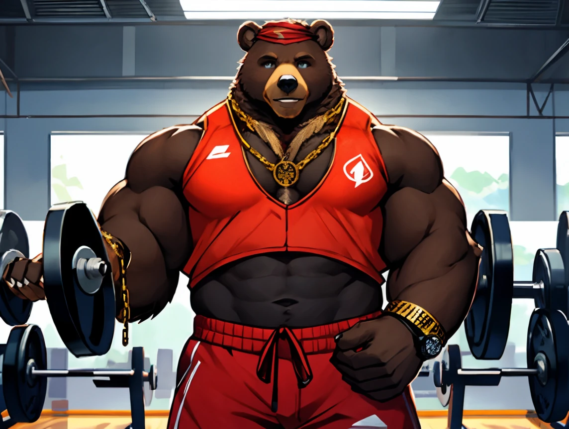 (((He has a bear head))) caminhoneiro. He is lifting weights in the gym, treinando muito arduamente. Ele veste short de treino. bandana on neck, Watch & Bracelets. He wears gold chain around his neck.modern gym scene. Seu Corpo Pesa acima dos 180 quilos. Fotografia de corpo inteiro fotografia de Corpo completo.