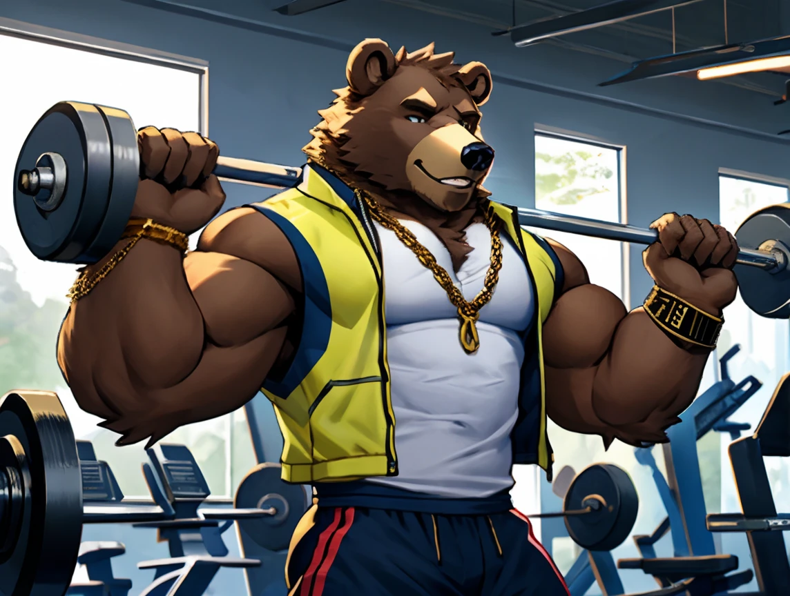 (((He has a bear head))) caminhoneiro. He is lifting weights in the gym, treinando muito arduamente. Ele veste short de treino. bandana on neck, Watch & Bracelets. He wears gold chain around his neck.modern gym scene. Seu Corpo Pesa acima dos 180 quilos. Fotografia de corpo inteiro fotografia de Corpo completo.