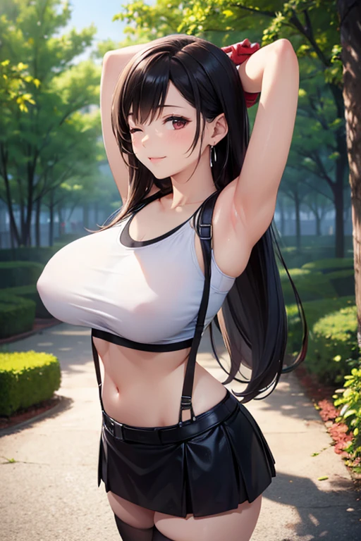 Macro photography,(oil),(highest quality.Realistic,Realistic 8K UHD,),Natural light,(Written boundary depth),one woman, (woman, cute),, Outdoor, Sunny Forest,stand,(Round beautiful breasts.Big Breasts),Fair skin,(わずかなsmile),Tifa FF7、alone、Looking at the audience,Red eyes,, one eye closed,smile,high expose one's stomach,Tank top, Black Skirt, Suspender skirt, abdomen, Black Stockings, Red gloves,zettai ryouiki,Arms crossed,From below,Dynamic Angle,Beautifully detailed eyes and face,Glossy skin with ultra-realistic details,Slim and smooth lines,male_pov,,cowboyshot,arms support,standing girl,,stretch,from front