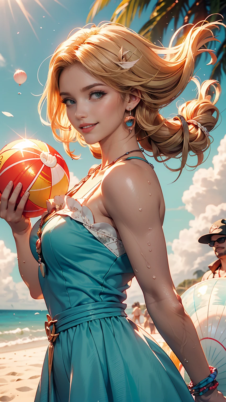 Delicate and beautiful CG art),(highest quality, Very detailed, High resolution),(Dynamic Angle, Dynamic Lighting),(One character),(Long pink and blonde hair), blue eyes, Beautiful Face), 1 girl, (Long sideburns, plant, smile, long blue dress, 3 days, Ocean, water, Beach ball, shell, sunny, the wind is strong