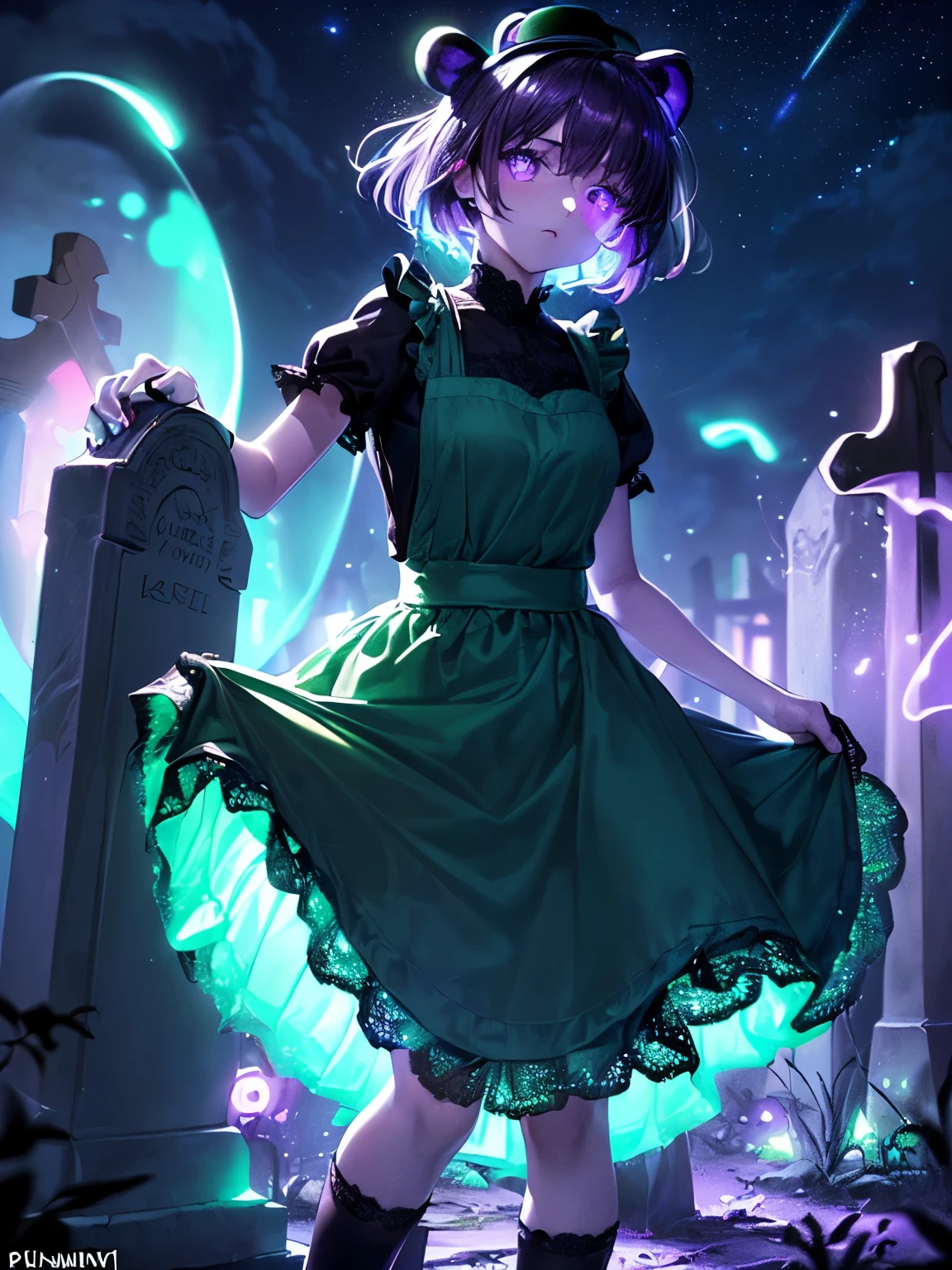 Masterpiece, Highest Quality, (Number: 1.0), Close-up, Face Focus, ((Kemonomimi girl with black bear ears: 1.4)), Solo, ((Black Hair Very Very Short Hair : 1.3)), Plump and Glossy Lips, (Beautiful purple eyes: 1.3), (((Dark green long skirt dress with black lace edges and half apron: 1.4))), (((White brim:1.3))), ((Perfect hands: 1.4)), (((Bioluminescent lighting, purple light) : 1.5, Purple lighting: 1.5, Purple tint: 1.5)))), (Sky eyes: 1.8, Crazy eyes: 1.3, Dark eyes: 1.4), Glow in black eyes, Glow in black hair: 1.5, Details background, (cemetery, glowing dark graveyard: 1.5), (bioluminescent graveyard: 1.5, bioluminescent environment: 1.5), fluorescent environment, (((bioluminescent: 1.5)))), (((glowing particles in the air: 1.5, particles of light) :1.5, ))), purple ghost, (cute ghost: 1.2), ((night: 1.5)), standing, expressionless, (cold attitude: 1.2), half-closed,