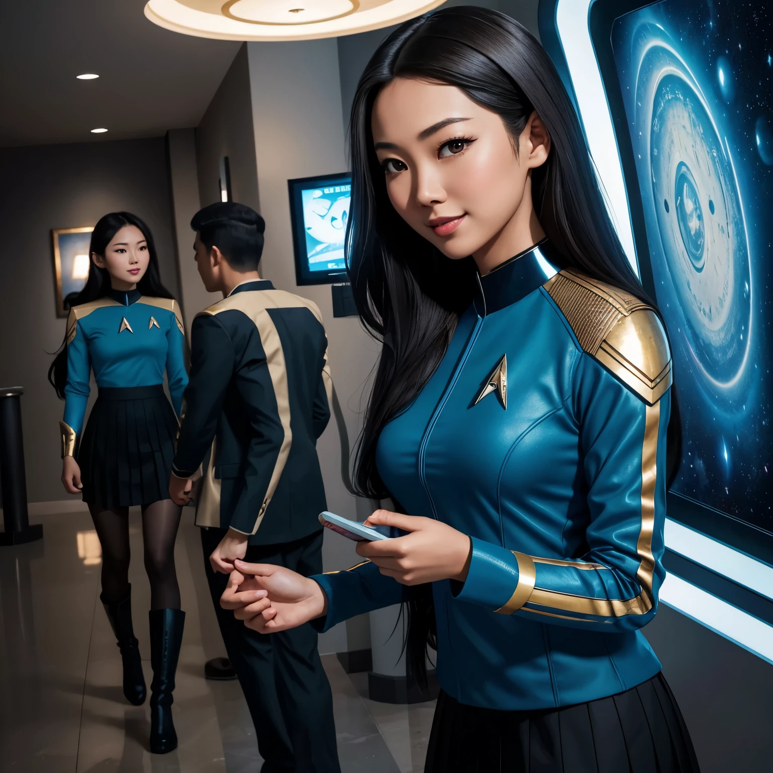 Masterpiece illustration, very detailed face, a beautiful 20 year old (Linda Park), (Hoshi Sato), luscious long black hair, radiant brown eyes, kissable lips, sweet smile, heavy dark eye makeup, friendly and inviting, fit bombshell body, (blue star trek enterprise uniform), skirt, go-go boots, inside a very modern hotel with space outside the window, in the lobby, holographic tech displays, ambient light from displays, rim light,