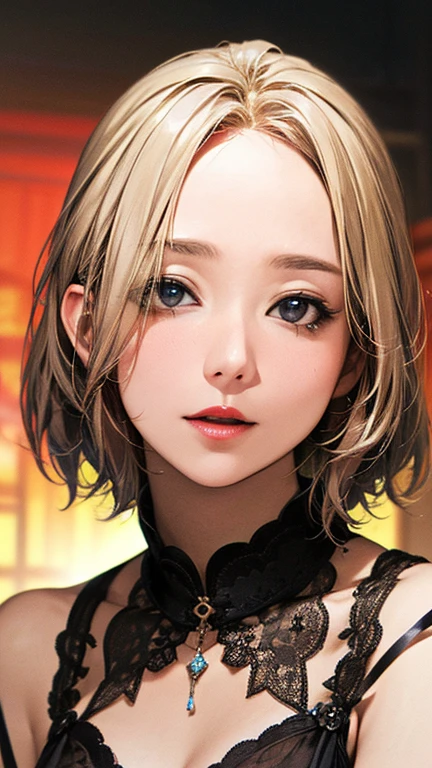(Top quality masterpiece:1.2) Delicate illustrations, Very detailed, /Beautiful Japanese Woman、1 person,Very cute and slim、Excellent style 、((8K images、super high quality))、Very delicate face, Beautiful forehead、Beautiful thighs、Deep red lipstick,(((((Middle Hair、Blonde))))),very cute、Kind eyes,((((Sexy Lingerie))))、starry skies、Tokyo night view