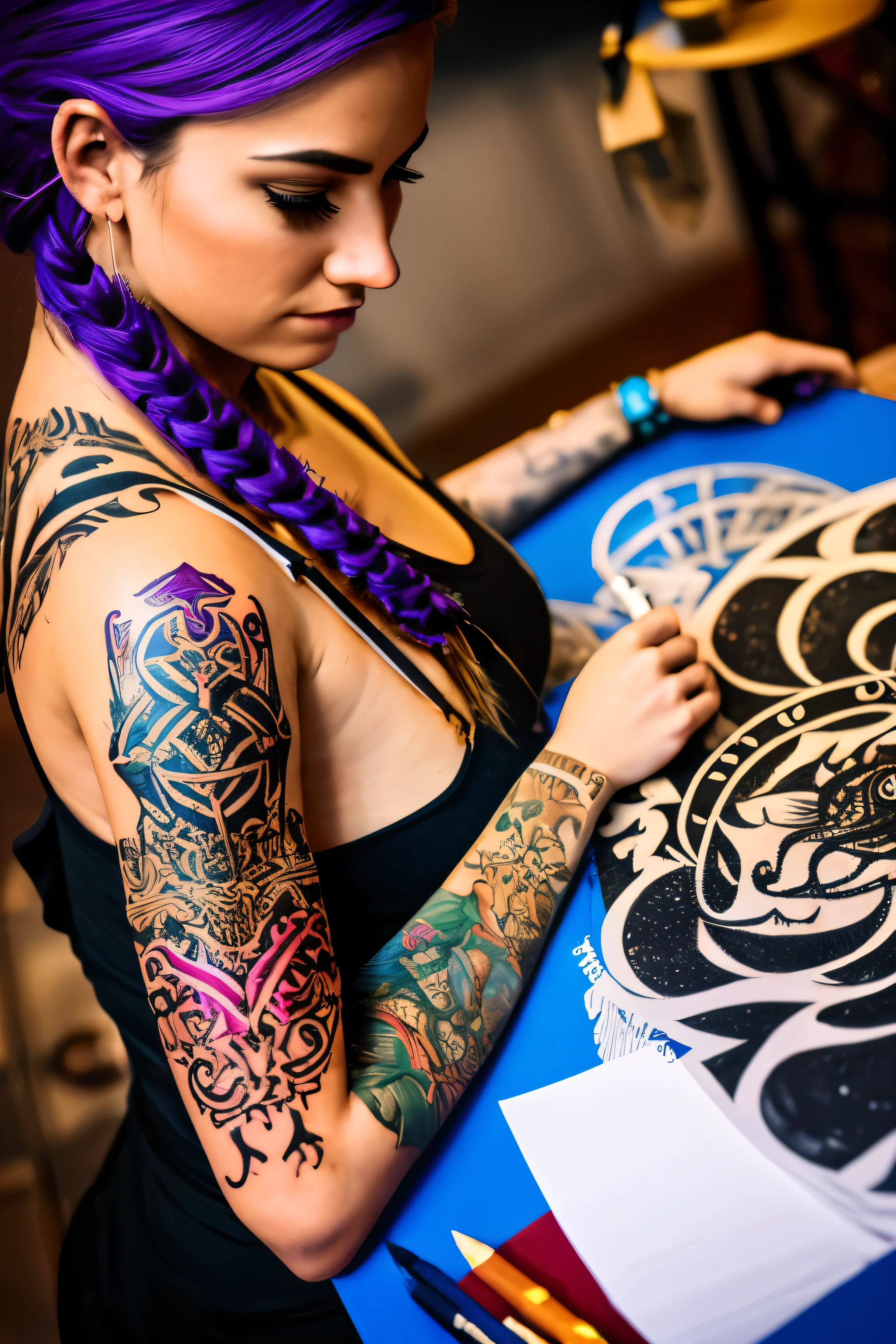A female tattoo artist with a viking hairstyle, long flowing hair, and white and purple hair. Her hair is intricately braided with beads and feathers. She has piercing blue eyes that captivate anyone who gazes into them. Her lips are full and painted with a deep shade of red. She is wearing a leather apron, adorned with various tattoo machine accessories. The studio is filled with the buzzing sound of the tattoo machine and the scent of ink. Colorful tattoo designs are displayed on the walls, showcasing her artistic skills and creativity. The artist is working on a client's arm, carefully crafting a vibrant and detailed sleeve tattoo. The tattoo design incorporates elements of Norse mythology, with intertwining dragons and Nordic symbols. The lighting in the studio is dim, accentuating the vibrant colors of the tattoos and creating a mysterious atmosphere. The overall image quality is high-resolution, bringing out every intricate detail of the tattoos. The artwork has a realistic and vivid style, with the colors popping out and creating a visually stunning effect. The color palette consists of deep purples, blues, and hints of vibrant red, giving the image a mystical and enchanting vibe. The scene is illuminated by soft, warm studio lighting, casting subtle shadows and adding depth to the image. The artist's talent and passion are evident in her focused expression and precise movements as she creates her art. The overall atmosphere is that of creativity, artistry, and empowerment, capturing the spirit of a female tattoo artist in her element.