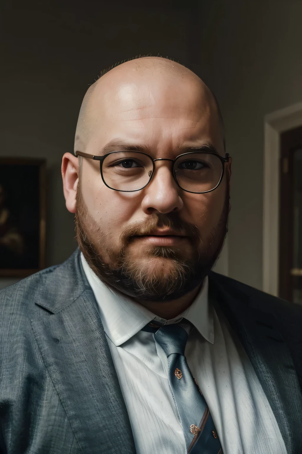 "(best quality,4k,8k,highres,masterpiece:1.2),realistic,portrait,overweight man,bearded,bald,with suit,glasses"