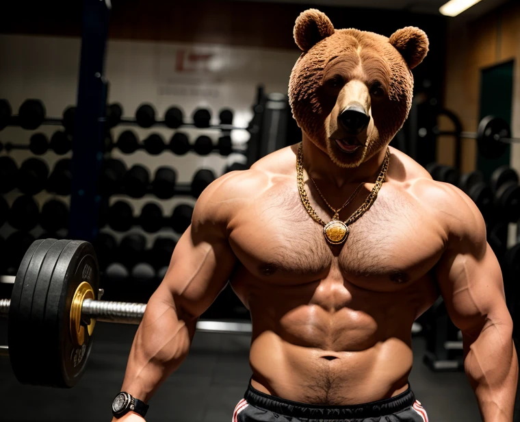 (((He has a bear head))) caminhoneiro. He is lifting weights in the gym, treinando muito arduamente. Ele veste short de treino. bandana on neck, Watch & Bracelets. He wears gold chain around his neck.modern gym scene. Seu Corpo Pesa acima dos 180 quilos. Fotografia de corpo inteiro fotografia de Corpo completo.