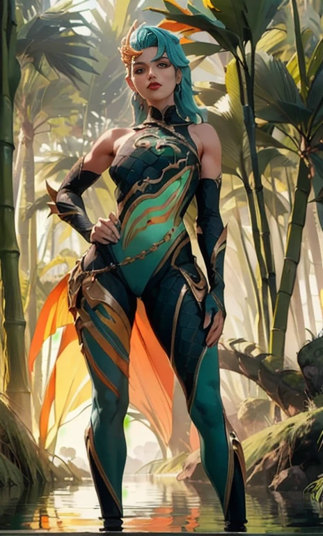 (The tall girl puts her hand on her hip and points to the side.), pose de sexy, ROMPER, (fondo oscuro, bamboo forest), (delgado_muslos:1.3), ((pechos grandes)), esbelto_muslos, pelo aguamarina, 1 chica, solo, (cuerpo en miniatura:1.4), escote generoso, posando, Detailed anatomy, el cuerpo perfecto, Cuerpo detallado, cara detallada, Beautiful anatomical eyes. ROMPER Kaisa Dragon Lagoon, The ROMPER is very detailed, Arte intrincadamente detallado, Artstation Detailed Triadic Color Trend in Unreal Engine 5, 8k resolution, obra maestra de deviantart.