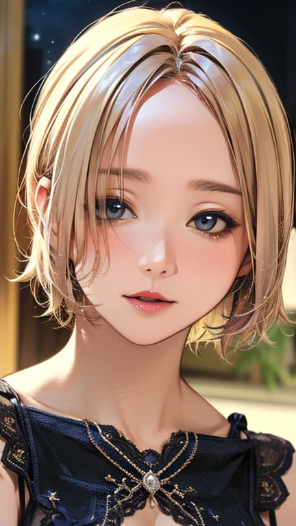 (Top quality masterpiece:1.2) Delicate illustrations, Very detailed, /Beautiful Japanese Woman、1 person,Very cute and slim、Excellent style 、((8K images、super high quality))、Very delicate face, Beautiful forehead、Beautiful thighs、Deep red lipstick,(((((Middle Hair、Blonde))))),very cute、Kind eyes,((((Sexy Lingerie))))、starry skies、Tokyo night view