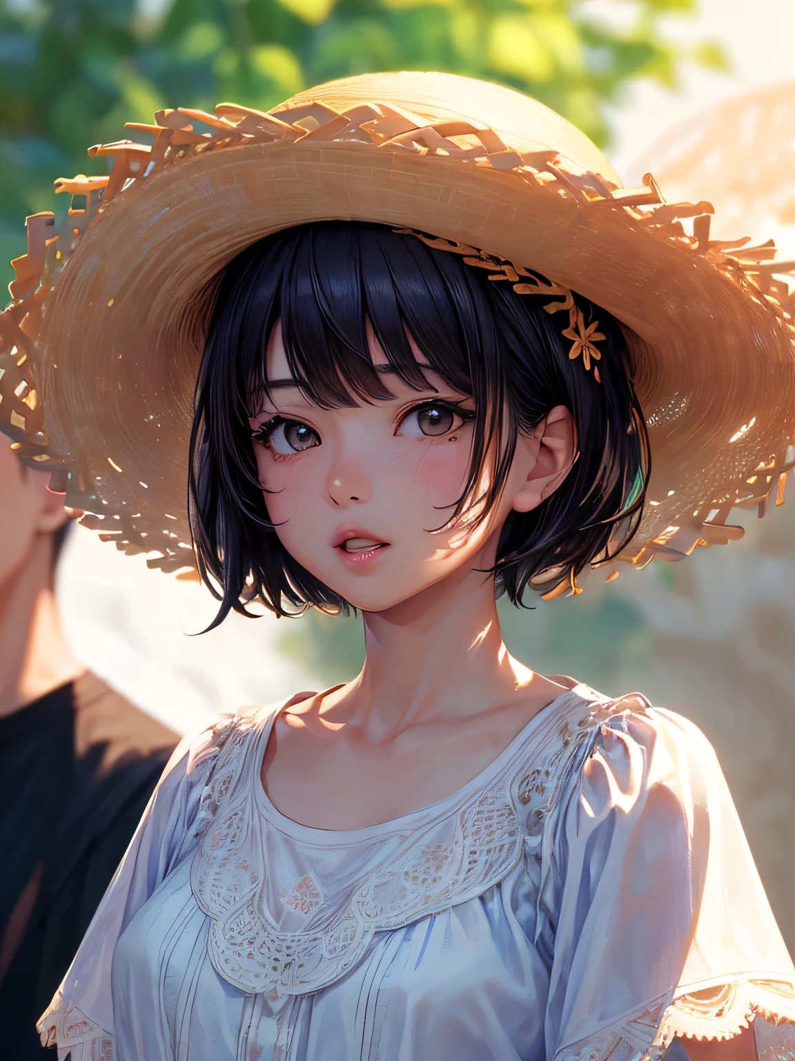 ((masterpiece、highest quality、highest quality、An illustration、Intricate details))、Black Hair、short hair、1 girl、Outdoor、Y-shirt、(Background Blur 1:2)、summer、Sunlight、Straw hat、