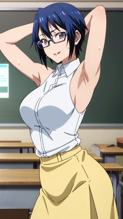 (Top Quality, 8K, Hi-Res, Masterpiece: 1.2), Super Detail, Anime Art Style, Anime Coloring Book, Solo, 1 Girl, Seishiro Tsgumi, White Shirt, Both Shoulders Exposed, Tight Skirt, Glasses, Natural Lips, Classroom , medium big breasts, solo, stylish pose, stylish angle, staring at the audience from the center of the screen, cowboy shot,  seductive smile,put your hands behind your head, armpits, armpits visible, sweaty armpits, short hair, blue hair