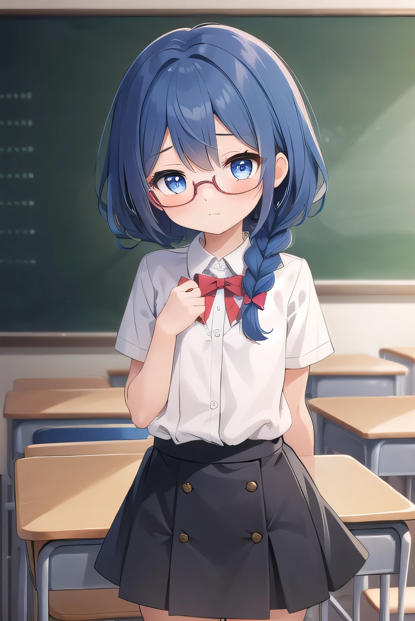 small breasted girl, short, elementary school student, blue hair, fishtail braid, blue eyes, round eyes, shy, shy, classroom, short, young face, short height, , glasses with no edges,flat chest,
