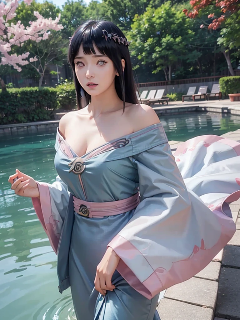 photography, realistic, iso 100, 50mm lens, f/1.2, 1/320s, photo of beautiful Girl ,((She look like Hyuga Hinata from Naruto Anime))((full body)),paladin,(long hair, slightly blue hair,,chubby cheeks, sharp eyes, perfect nose, red lips, ,wear blue fabric kebaya, with Coat, background lake montain,(masterpiece), best quality, 1girl, looking at viewer, (sion)\(shippuden\), parted lips, wind lift, bottomless, Green white fabric ,blonde hair, long hair,full body, swimming,.masterpiece), best quality, 1girl, Javanese,full body, looking at viewer,), parted lips, wind lift, Green white fabric kebaya,blonde hair, long hair, blue eyes, solid eyes, off-shoulder oversized shirt, looking at viewer, (falling petals), perfect composition, detailed lips, beautiful face, body propotion, blush, (pink lips), long hair, standing, side off pool,