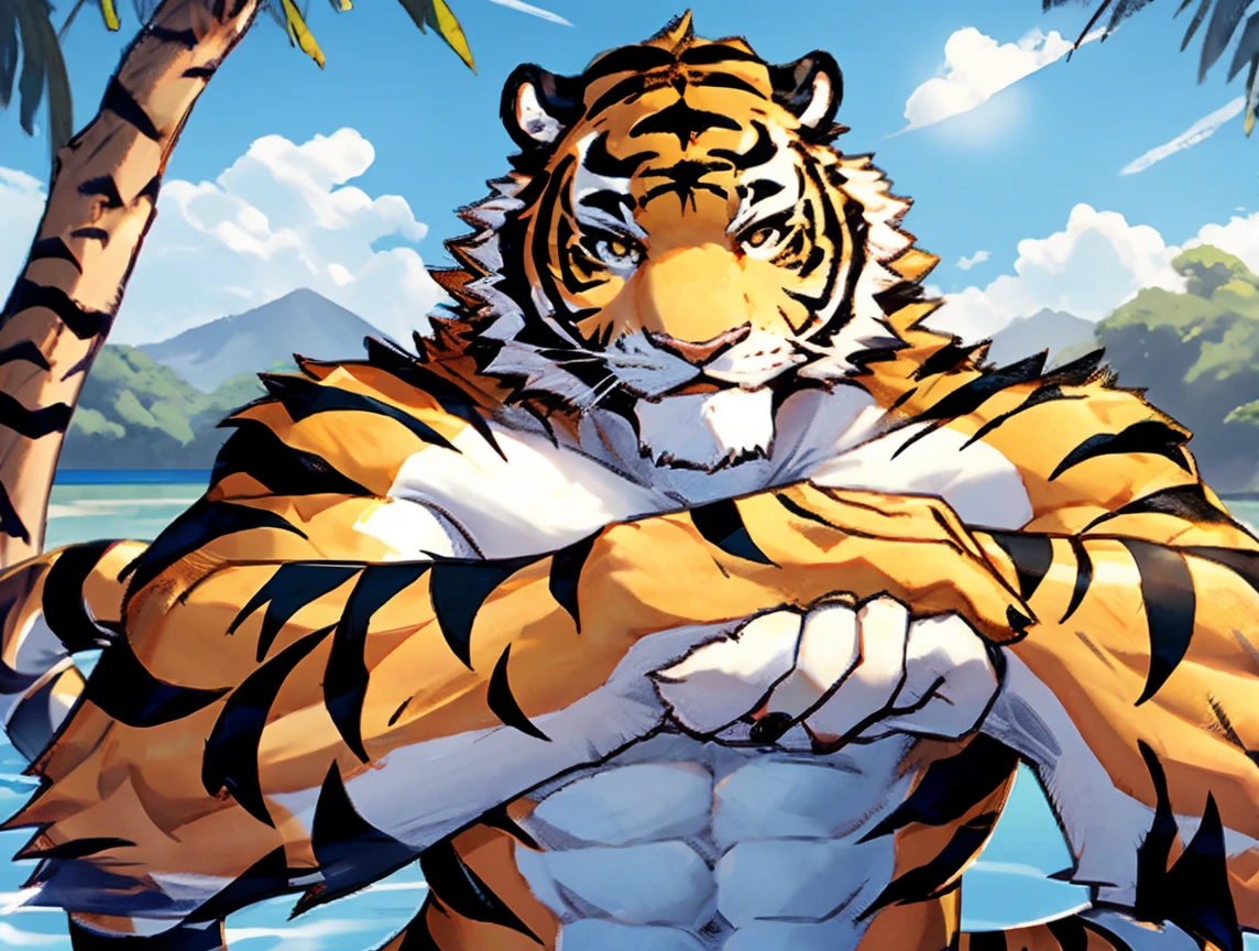 (((He has a tiger's head))) caminhoneiro. He is lifting weights in the gym, treinando muito arduamente. Ele veste short de treino. bandana on neck, Watch & Bracelets. He wears gold chain around his neck.modern gym scene. Seu Corpo Pesa acima dos 180 quilos. Fotografia de corpo inteiro fotografia de Corpo completo.