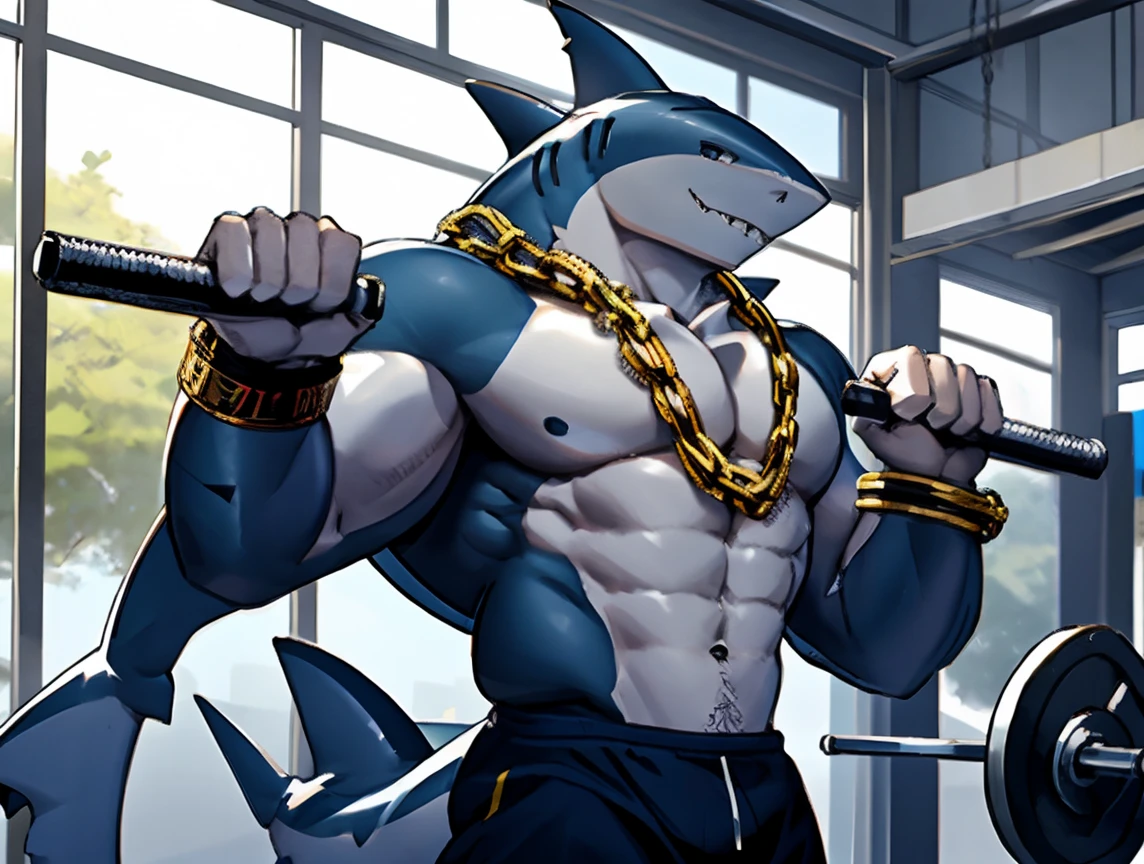 (((He has a shark head ))) caminhoneiro. He is lifting weights in the gym, treinando muito arduamente. Ele veste short de treino. bandana on neck, Watch & Bracelets. He wears gold chain around his neck.modern gym scene. Seu Corpo Pesa acima dos 180 quilos. Fotografia de corpo inteiro fotografia de Corpo completo.