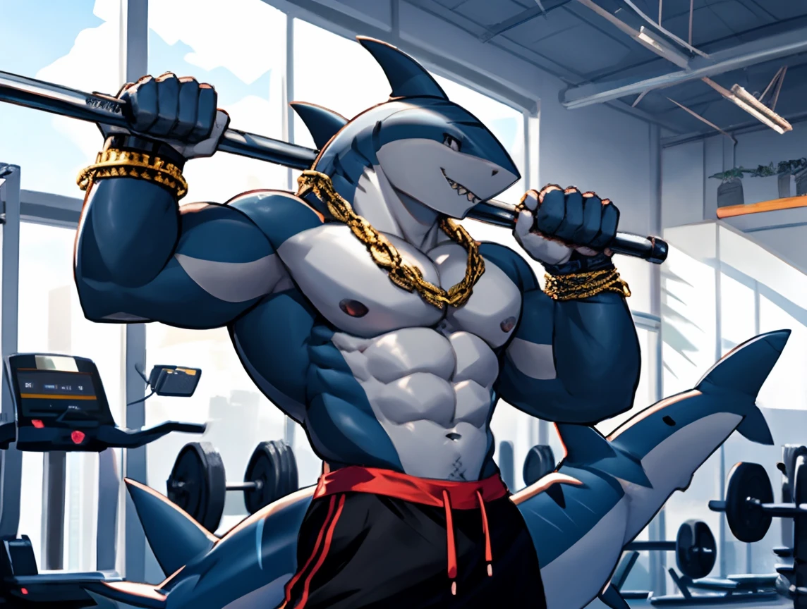 (((He has a shark head ))) caminhoneiro. He is lifting weights in the gym, treinando muito arduamente. Ele veste short de treino. bandana on neck, Watch & Bracelets. He wears gold chain around his neck.modern gym scene. Seu Corpo Pesa acima dos 180 quilos. Fotografia de corpo inteiro fotografia de Corpo completo.