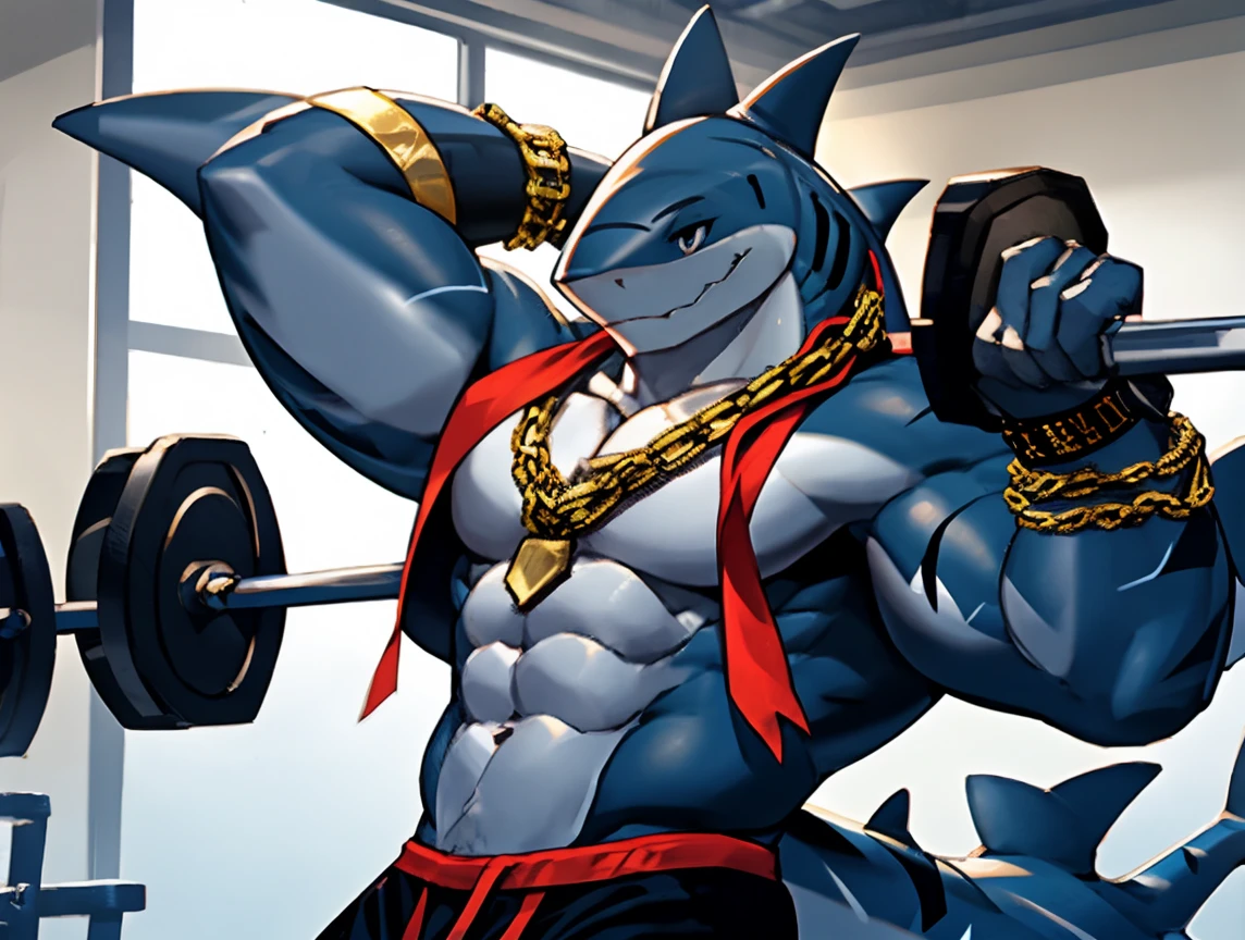 (((He has a shark head ))) caminhoneiro. He is lifting weights in the gym, treinando muito arduamente. Ele veste short de treino. bandana on neck, Watch & Bracelets. He wears gold chain around his neck.modern gym scene. Seu Corpo Pesa acima dos 180 quilos. Fotografia de corpo inteiro fotografia de Corpo completo.