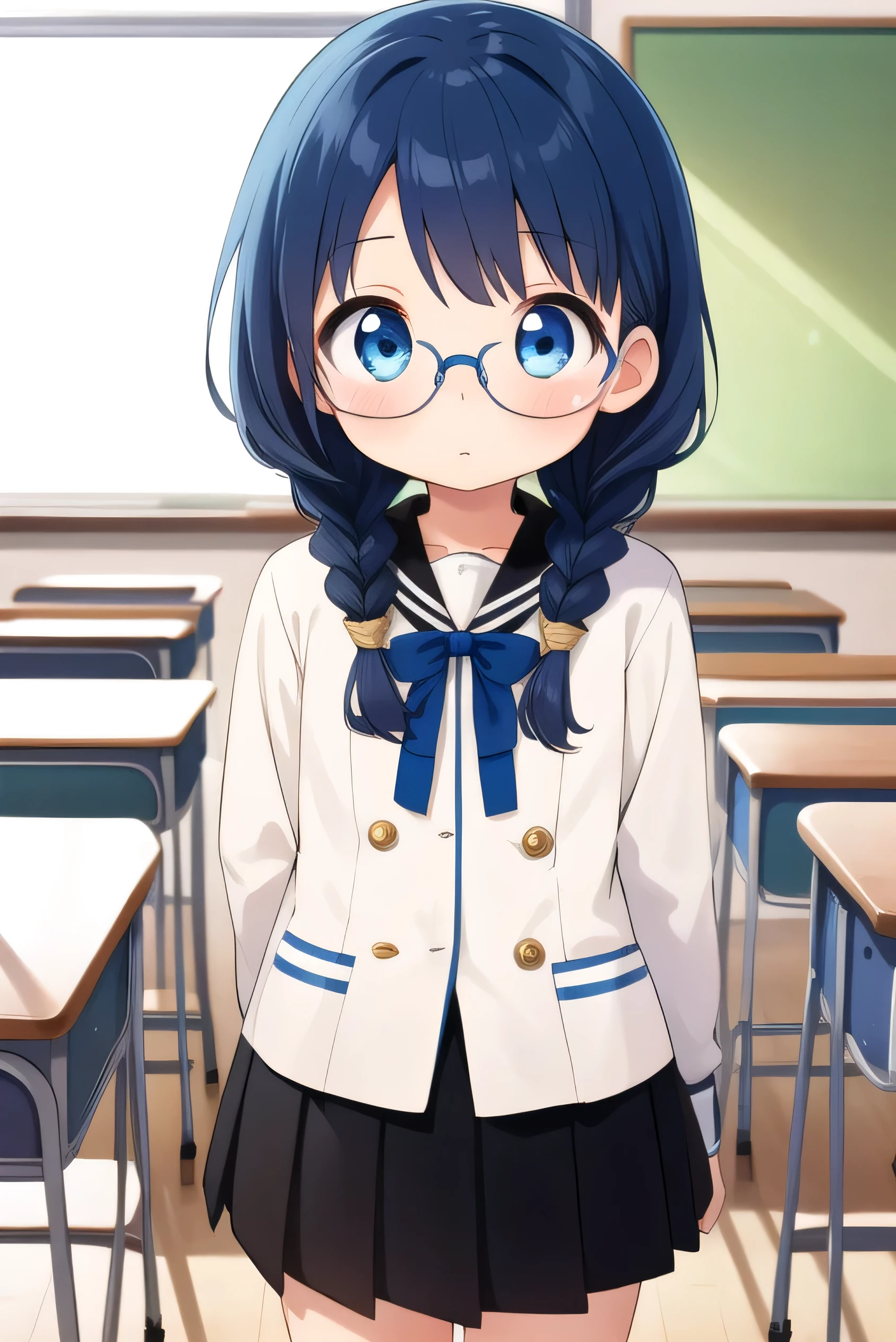 small breasted girl, short, elementary school student, blue hair, fishtail braid, blue eyes, round eyes, shy, shy, classroom, short, young face, short height, , glasses with no edges,flat chest,