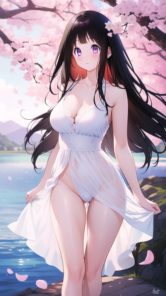 Amazing Chitanda, There is only one beautiful girl,Purple Eyes, Black Hair, Very red face,Very white skin,Glowing skin,Naturally straight hair, Straight bangs,Extremely refined,Open lips,Long flowing hair,Beautiful Girl, Like a dream,Slim,Slim waist,Soft, (Sensual), (Kawaii), Dream quality,Beautiful big breasts,Side Breast,White transparent dress,The clothes are completely transparent,Deep V neckline,Loose neckline,by the lakeside,Wind blows up skirt,Press and hold the skirt,Flying Butterflies,Cherry blossoms,Showing breasts,Show your buttocks,Show your thighs,Showing collarbone,Show your neck,Exposing the groin,No pants,extremely shy,Ultra-high resolution, (masterpiece:1.2, best quality), (Delicate and beautiful eyes: 1.2), (Beautiful and delicate face)