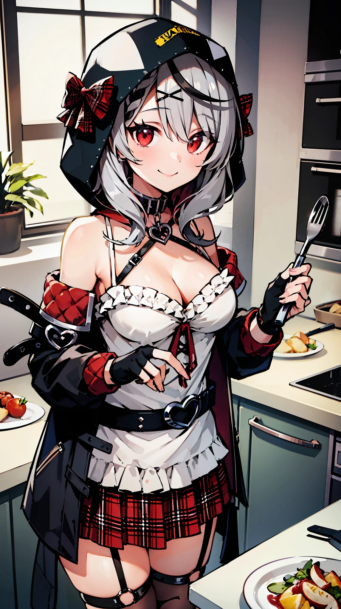 ((masterpiece, best quality, highres)), depth of field, 
BREAK, 1girl, standing behind the kitchen, ((cooking)), smile, 
BREAK, (indoors, kitchen),    
BREAK, (sakamata chloe, garter straps, fingerless gloves, torn thighhighs, grey hair, multicolored hair, plaid skirt, cleavage, x hair ornament, red skirt, black collar, white camisole, breasts, braid, black belt, medium hair, black jacket, hood up, plaid bow), ((red eyes)), ((Beautiful detailed eyes))