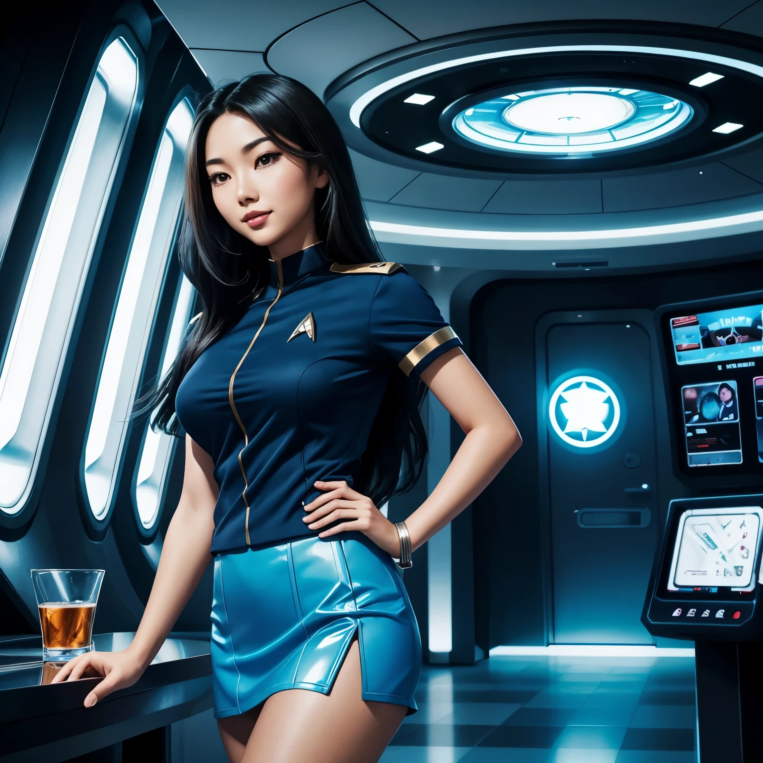 Masterpiece illustration, very detailed face, a beautiful 20 year old (Linda Park), (Hoshi Sato), luscious long black hair, radiant brown eyes, kissable lips, sweet smile, heavy dark eye makeup, friendly and inviting, fit bombshell body, (blue star trek enterprise uniform), skirt, go-go boots, inside a very modern hotel with futuristic buildings outside the window, in the lobby, holographic tech displays, ambient light from displays, rim light,