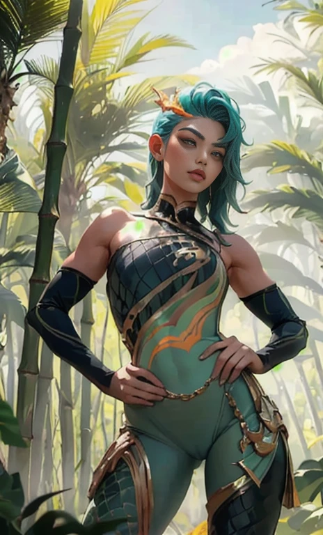 (The tall girl puts her hand on her hip and points up), pose realmente sexy, ROMPER, (fondo oscuro, bamboo forest), (delgado_muslos:1.3), ((pechos grandes)), esbelto_muslos, pelo aguamarina, 1 chica, solo, (cuerpo en miniatura:1.4), escote generoso, posando, en minifalfa corta que deja ver demasiado. Detailed ???????, el cuerpo perfecto, Cuerpo detallado, cara detallada, Beautiful anatomical eyes. ROMPER Kaisa Dragon Lagoon,  The ROMPER is very detailed, Arte intrincadamente detallado, Artstation Detailed Triadic Color Trend in Unreal Engine 5, 8k resolution, obra maestra de deviantart.