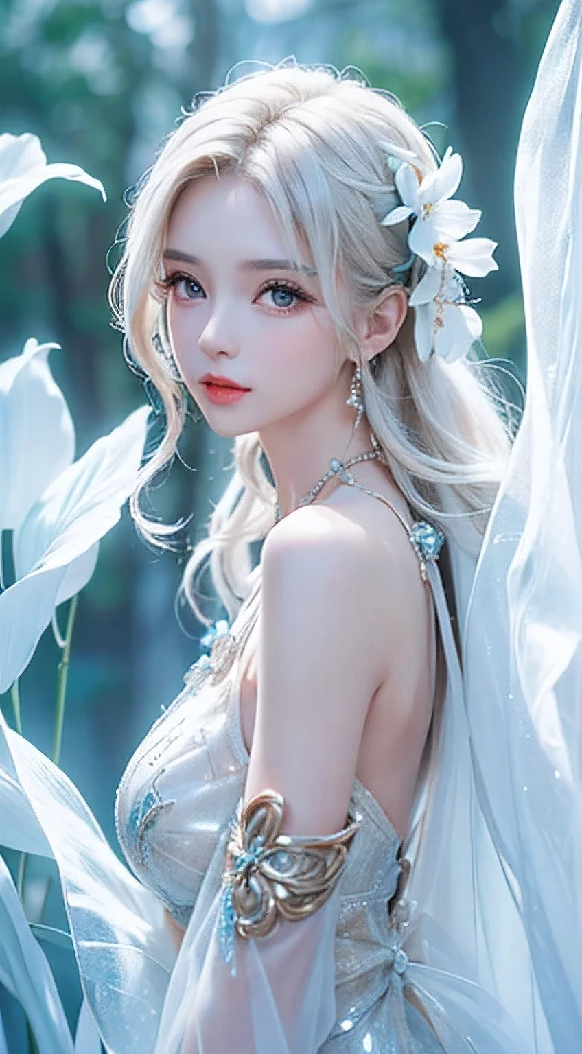((Picture from the waist up))((masterpiece:1.5、8k、Portrait、Photorealistic and very detailed CG、Very detailed、Particle Effects、Dynamic Effects、Written boundary depth、Cinematic Light、Lens flare、Ray Tracing、Tabletop、Realistic:1.4、超A high resolution:1.2、Realistic、Realistic))((alone、,A woman wearing a matte textured halter neck dress:1.4、Dynamic female pose:、Side are visible、Detailed face、Bright expression、young, Brighter, Whiter skin、Ample breasts、Best Looks、Ultimate beauty、Shiny silver hair with highlights、Bright and shiny hair,、Super long, Silky straight hair、Hair swaying in the wind))(Surrounded by fantastic transparent flowers、White background、Fantastic background、Thin petals fluttering around)wedding dress