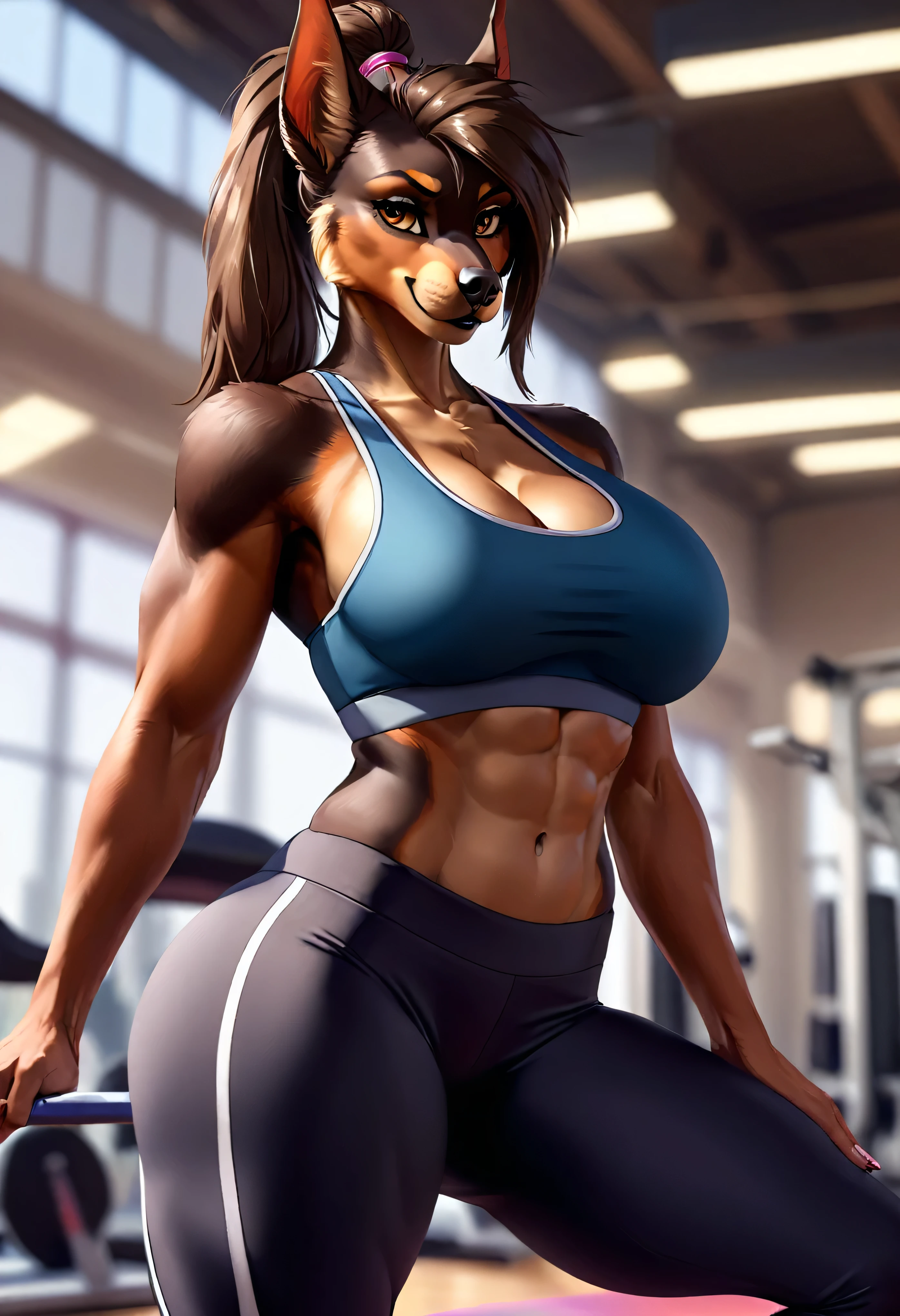 4k highly detailed realistic digital extremely high quality drawing, masterpiece, (by cutesexyrobutts), (uploaded on e621), (a full-body portrait of an anthro doberman dog girl), ((doing yoga splits in a gym)), ((wearing a sexy sports bra and tight yoga pants)), (beautiful and detailed eyes:1.1), (thick black lips), (ponytail hair), detailed dark fur, seductive, sexy, voluptuous, curvy body, hourglass figure, large breasts, muscles, cinematic lighting, (f1.8 short focus bokeh)