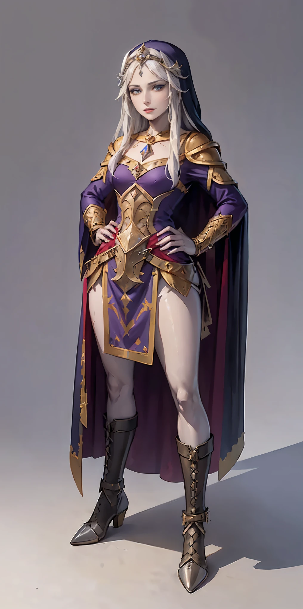 ((Masterpiece, white background)) full body of a woman in a dress with a veil, feet together, standing feet together, military boots, beautiful fantasy maiden slave warrior, beautiful fantasy art portrait, fantasy victorian art, medieval fantasy art, beautiful and elegant queen, portrait of queen of light, fantasy portrait art, gothic fantasy art, a beautiful fantasy empress, hands on hips (Camilla)