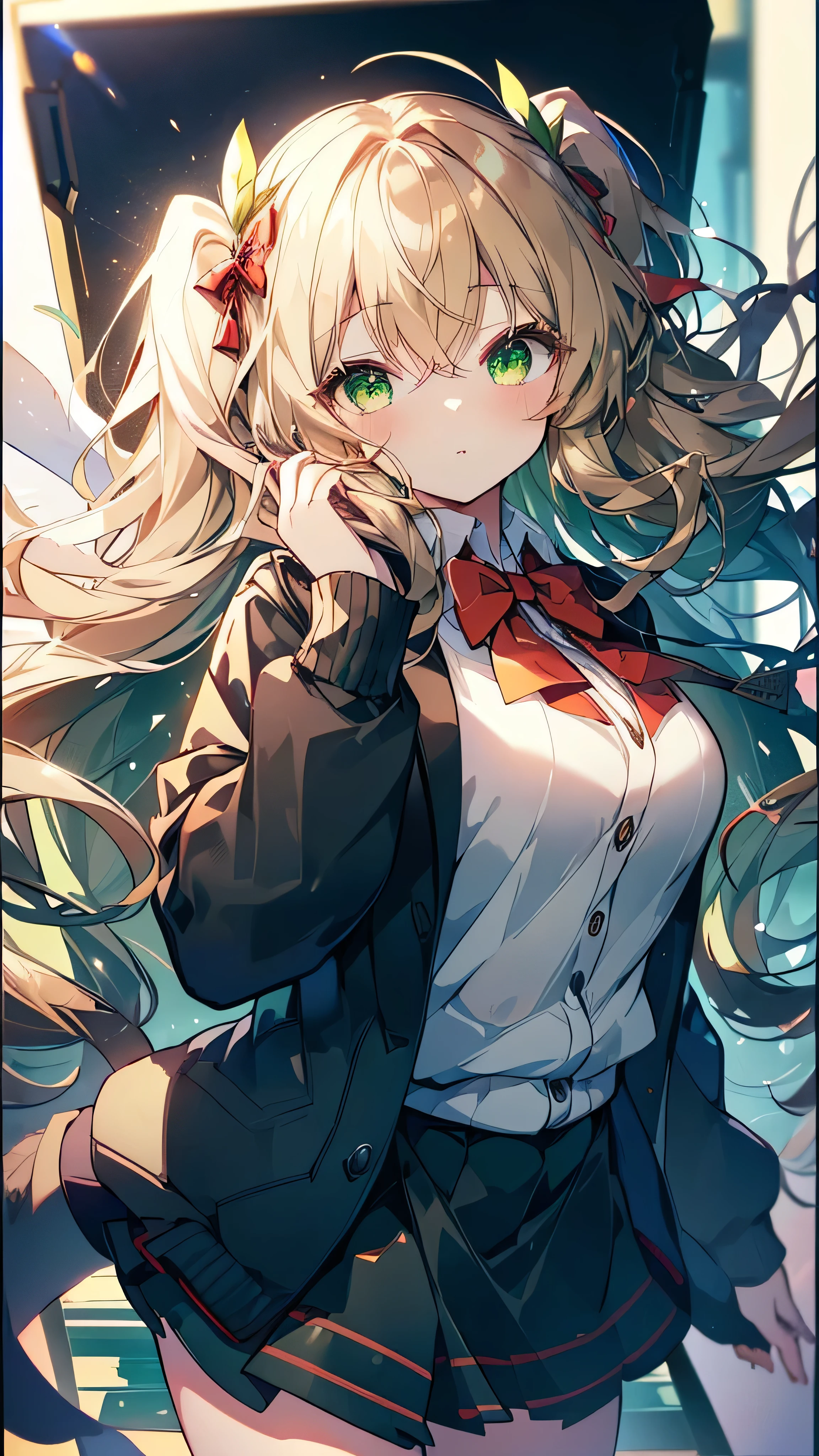 ((Tabletop, highest quality, High resolution, Hmph, Perfect Pixel, Depth of written boundary, 4K, Hmph, Hmph))), One Girl, single, alone, Beautiful Anime Girls, Beautiful art style, Anime characters, ((Long Hair, bangs, Dark brown hair, Curly Hair:0.8)), ((Green Eyes:1.4, Fine grain, Beautiful Eyes, Perfect Eyes,Curled eyelashes, Realistic eyes)), ((Detailed face, Blushing:1.2)), ((Smooth texture:0.75, Realistic texture:0.5, Anime CG Style)), Medium chest, Dynamic Angle, Big Breasts, Perfect body, Dynamic pose, ((Red bow tie, , Black jacket, Open jacket, Brown cardigan, White shirt, Black Skirt, Checked skirt)), smile, Open your mouth, Put your arms behind your back, Leaning forward, Amalment Park, ((close, throw, cute, Shoot in the face)) Twin tails Blonde Hair