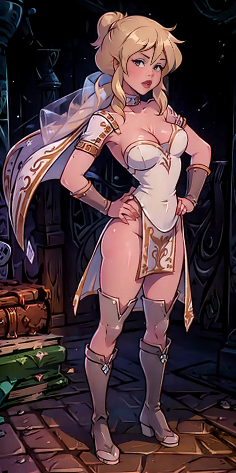 ((Masterpiece, white background)) full body of a woman in a dress with a veil, feet together, standing feet together, military boots, beautiful fantasy maiden slave warrior, beautiful fantasy art portrait, fantasy victorian art, medieval fantasy art, beautiful and elegant queen, portrait of queen of light, fantasy portrait art, gothic fantasy art, a beautiful fantasy empress, hands on hips (Holli Would)