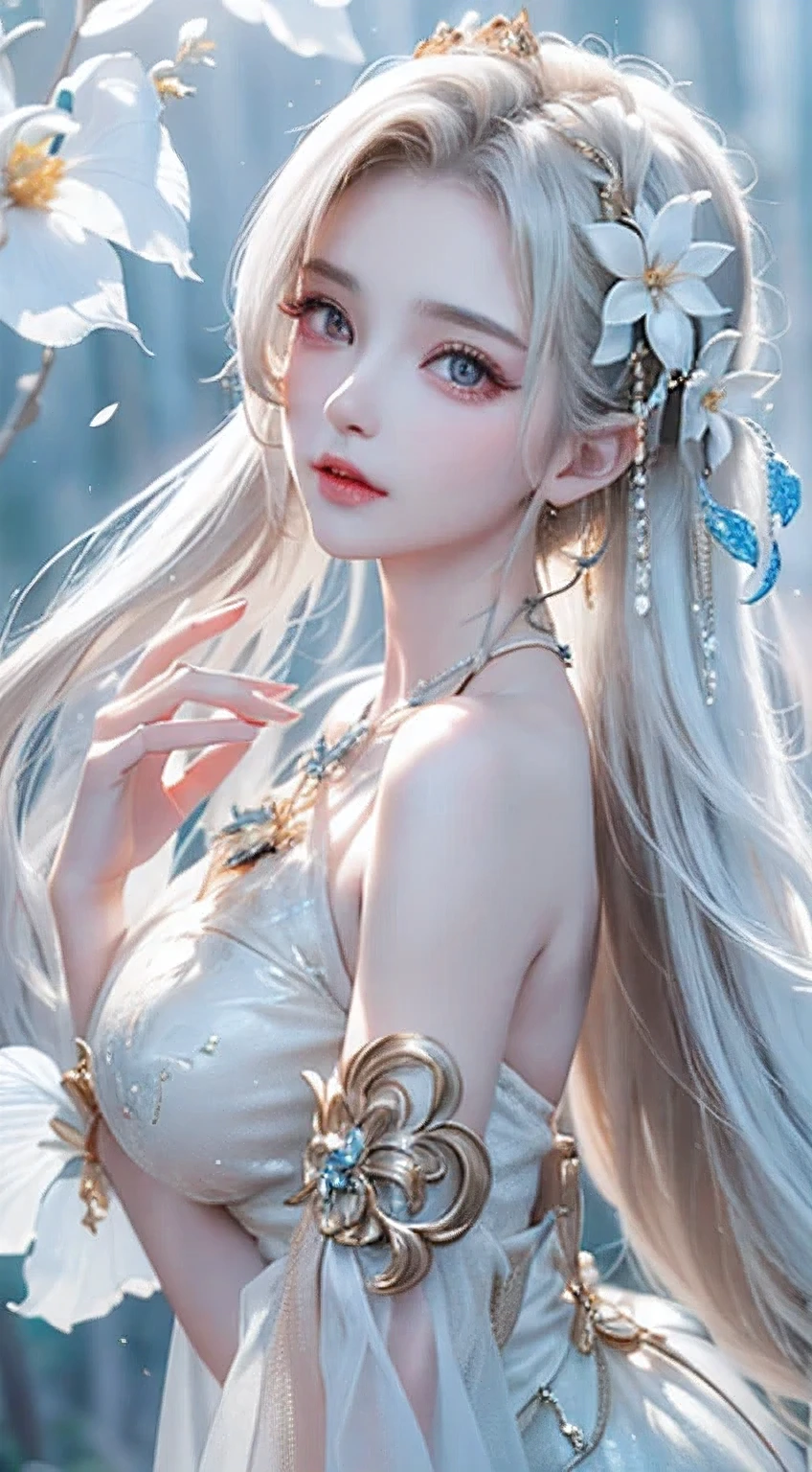 ((Picture from the waist up))((masterpiece:1.5、8k、Portrait、Photorealistic and very detailed CG、Very detailed、Particle Effects、Dynamic Effects、Written boundary depth、Cinematic Light、Lens flare、Ray Tracing、Tabletop、Realistic:1.4、超A high resolution:1.2、Realistic、Realistic))((alone、,A woman wearing a matte textured halter neck dress:1.4、Dynamic female pose:、Exposed lateral breasts、sideboob、Detailed face、Bright expression、young, Brighter, Whiter skin、Ample breasts、Best Looks、Ultimate beauty、Shiny silver hair with highlights、Bright and shiny hair,、Super long, Silky straight hair、Hair swaying in the wind))(Surrounded by fantastic transparent flowers、White background、Fantastic background、Thin petals fluttering around)wedding dress
