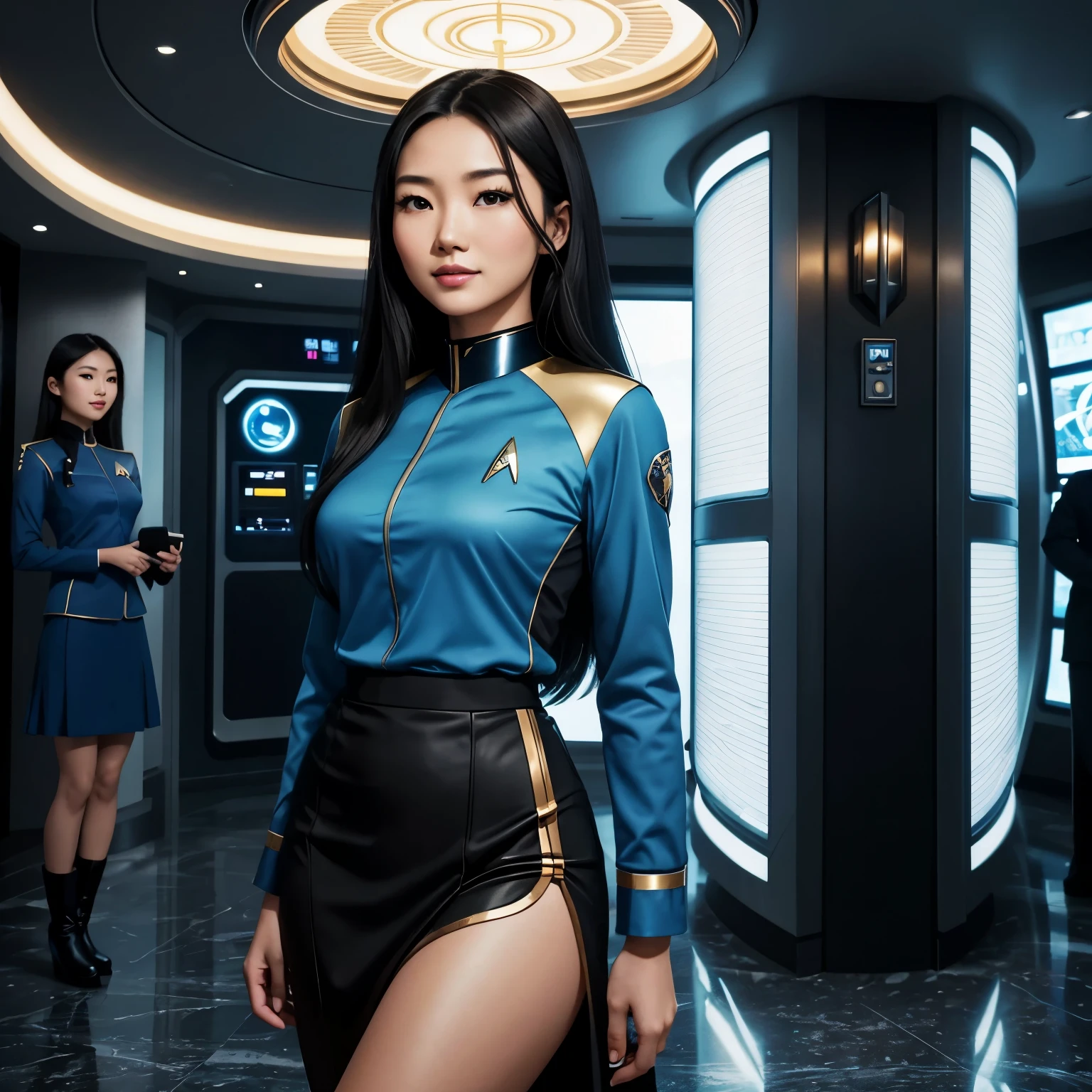 Masterpiece illustration, very detailed face, a beautiful 20 year old (Linda Park), (Hoshi Sato), luscious long black hair, radiant brown eyes, kissable lips, sweet smile, heavy dark eye makeup, friendly and inviting, fit bombshell body, (blue star trek enterprise uniform), skirt, go-go boots, inside a very modern hotel with futuristic buildings outside the window, in the lobby, holographic tech displays, ambient light from displays, rim light,