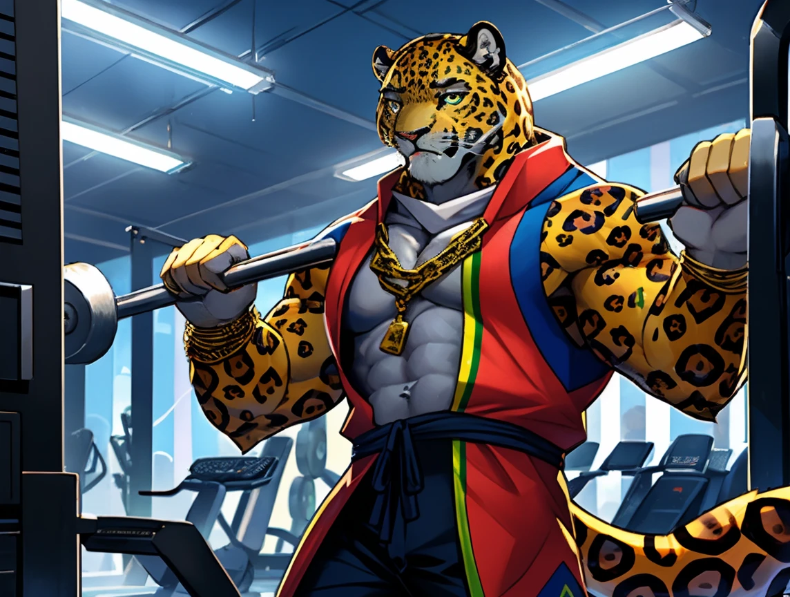 (((He has a jaguar head painted from Brazil))) caminhoneiro. He is lifting weights in the gym, treinando muito arduamente. Ele veste short de treino. bandana on neck, Watch & Bracelets. He wears gold chain around his neck.modern gym scene. Seu Corpo Pesa acima dos 180 quilos. Fotografia de corpo inteiro fotografia de Corpo completo. Luzes de neon decoram o ambiente. Luzes de led decoram o ambiente moderno da academia. Uma tv na parede ao fundo. 