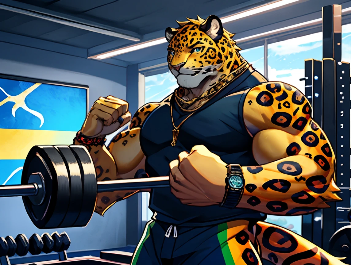 (((He has a jaguar head painted from Brazil))) caminhoneiro. He is lifting weights in the gym, treinando muito arduamente. Ele veste short de treino. bandana on neck, Watch & Bracelets. He wears gold chain around his neck.modern gym scene. Seu Corpo Pesa acima dos 180 quilos. Fotografia de corpo inteiro fotografia de Corpo completo. Luzes de neon decoram o ambiente. Luzes de led decoram o ambiente moderno da academia. Uma tv na parede ao fundo. 