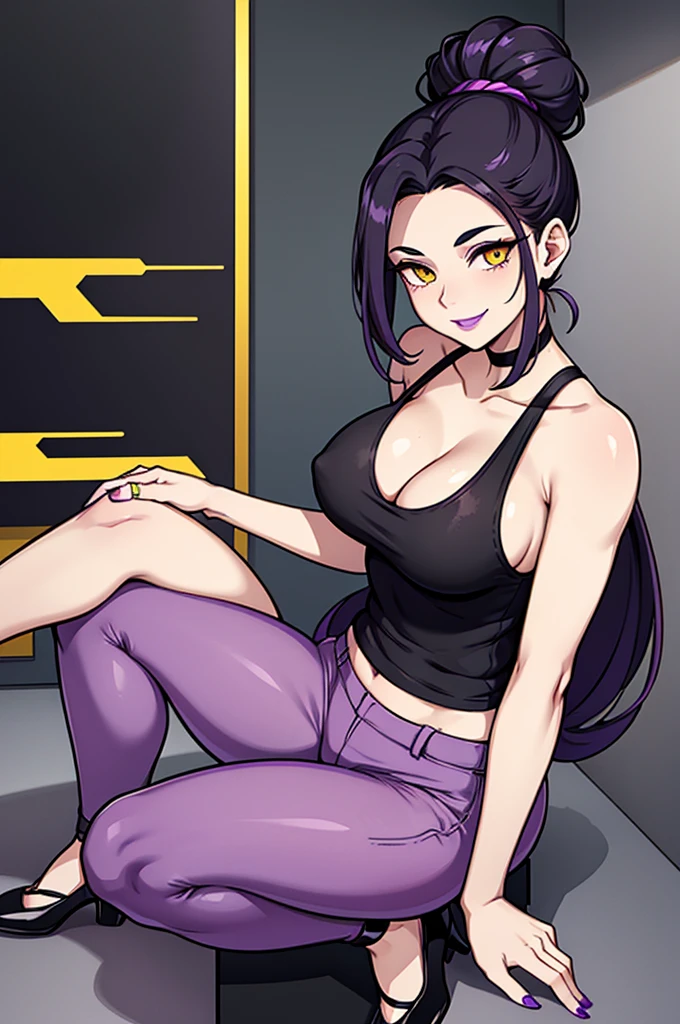 image of a 5'9ft tall woman, with black hair tied in a updo, pale skin and golden yellow eyes. wearing a silk violet tank top, black pants and black heels. she has an athletic voluptuous body. she has purple lipstick, purple painted fingernails. she has a seductive smile