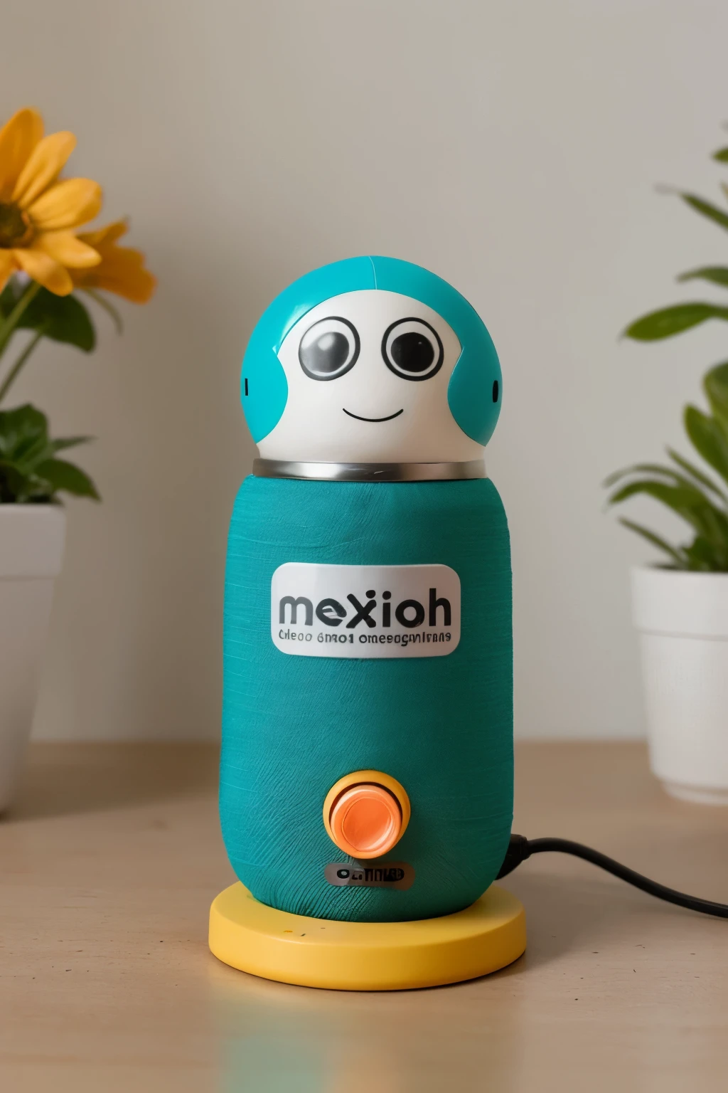 small speaker, robot, Mexican doll design, AI mental health assistant, eco-friendly materials, vibrant colors, Mexican textiles, charging base , clean energy, Screen, futuristic, cute, friendly, simple