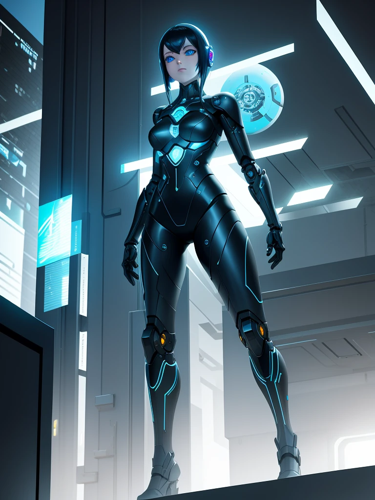 "Robot girl with metal features, glowing blue eyes, And futuristic clothing, Dystopian cityscape at night. Use a dark color palette to add mystery and intrigue, Neon, And cyberpunk elements. Emphasize the contrast between technology and humanity, Seamless fusion of organic and mechanical elements. Capturing the essence of the cybernetic world through meticulous textures, complex circuit, and reflections from metal surfaces. Designed to produce high quality、Visually engaging illustrations,Showing futuristic concepts."