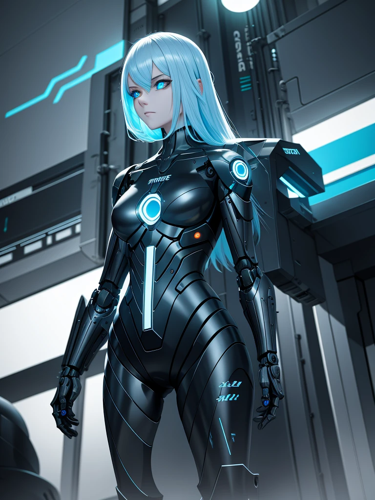 "Robot girl with metal features, glowing blue eyes, And futuristic clothing, Dystopian cityscape at night. Use a dark color palette to add mystery and intrigue, Neon, And cyberpunk elements. Emphasize the contrast between technology and humanity, Seamless fusion of organic and mechanical elements. Capturing the essence of the cybernetic world through meticulous textures, complex circuit, and reflections from metal surfaces. Designed to produce high quality、Visually engaging illustrations,Showing futuristic concepts."