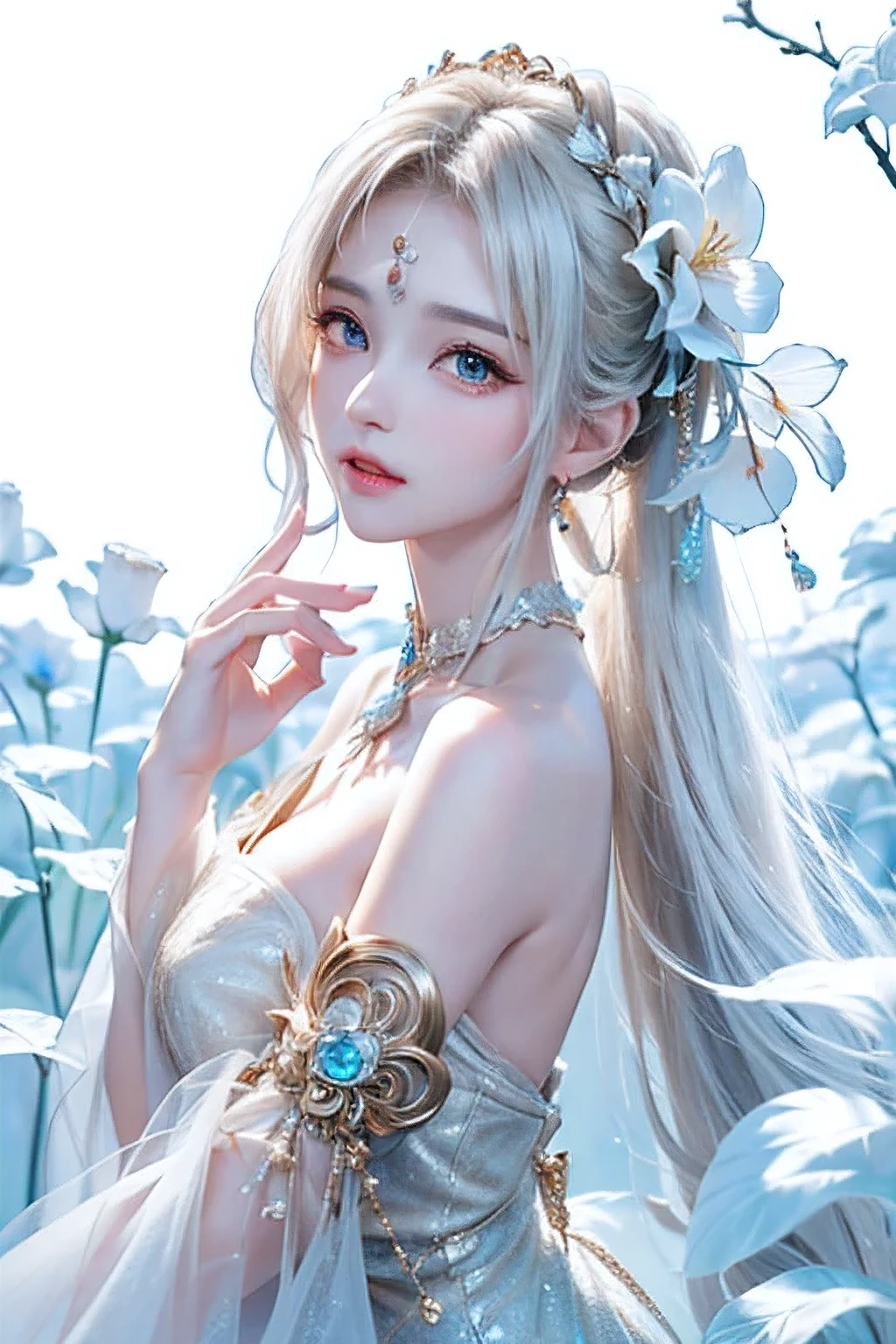 ((Picture from the waist up))((masterpiece:1.5、8k、Portrait、Photorealistic and very detailed CG、Very detailed、Particle Effects、Dynamic Effects、Written boundary depth、Cinematic Light、Lens flare、Ray Tracing、Tabletop、Realistic:1.4、超A high resolution:1.2、Realistic、Realistic))((alone、,A woman wearing a matte textured halter neck dress:1.4、Dynamic female pose:、Exposed lateral breasts、sideboob、Detailed face、Bright expression、young, Brighter, Whiter skin、Ample breasts、Best Looks、Ultimate beauty、Shiny silver hair with highlights、Bright and shiny hair,、Super long, Silky straight hair、Hair swaying in the wind))(Surrounded by fantastic transparent flowers、White background、Fantastic background、Thin petals fluttering around)wedding dress