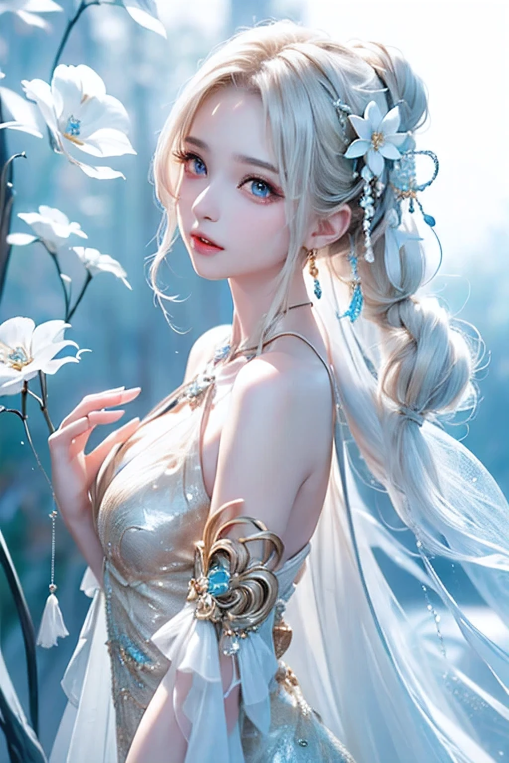 ((Picture from the waist up))((masterpiece:1.5、8k、Portrait、Photorealistic and very detailed CG、Very detailed、Particle Effects、Dynamic Effects、Written boundary depth、Cinematic Light、Lens flare、Ray Tracing、Tabletop、Realistic:1.4、超A high resolution:1.2、Realistic、Realistic))((alone、,A woman wearing a matte textured halter neck dress:1.4、Dynamic female pose:、Exposed lateral breasts、sideboob、Detailed face、Bright expression、young, Brighter, Whiter skin、Ample breasts、Best Looks、Ultimate beauty、Shiny silver hair with highlights、Bright and shiny hair,、Super long, Silky straight hair、Hair swaying in the wind))(Surrounded by fantastic transparent flowers、White background、Fantastic background、Thin petals fluttering around)wedding dress
