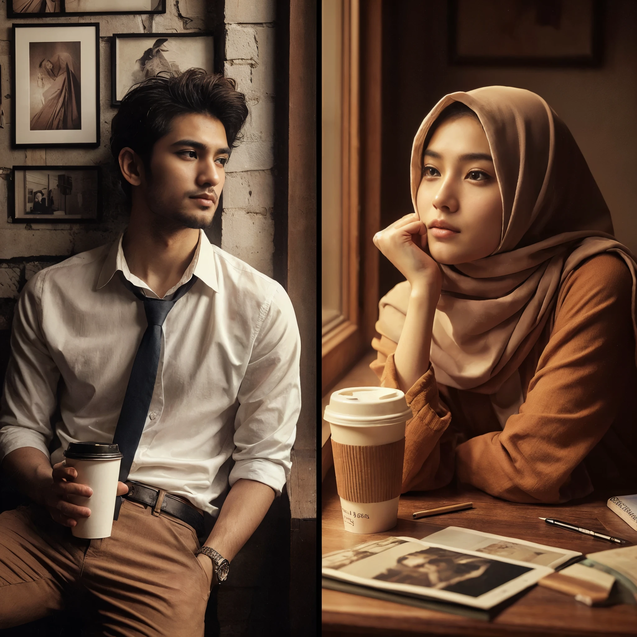 one images collage a showing two different picture with same foreground.
(first picture a show one asia man is leaning against the wall, holding a coffee cup in office).
(second picture a show one asia woman hijab is leaning against the wall and facing right, holding a photo in bed room).perfect body,epicrealism,ultra HD,atmospheric impressionism,photography,film dramatic realism,pre-raphaelite realism,detail on face,soft focus realism --ar 36:61 --stylize 750 --v6.