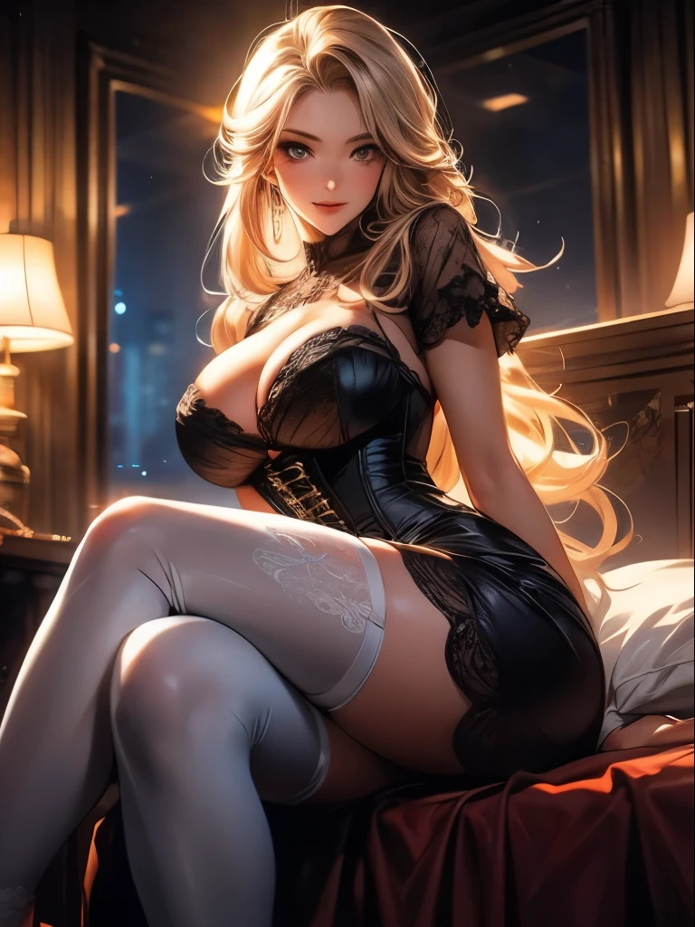 Anime, a glamour shot of a smiling MILF, big breasts, big ass, Standing demurely with her legs crossed in a bedroom, long sexy legs, leaning toward the viewer, with Smokey eyes and knowing smile wearing a white corset, white lace stockings, insanely detailed face and eyes, intricate, hyper-detailed bedroom, digital illustration, masterpiece, beautiful eyes, atmospheric lighting, centered, perfect anatomy, glowing eyes, candid portrait, clear, very detailed, smooth, sharp focus, focused on the viewer, 