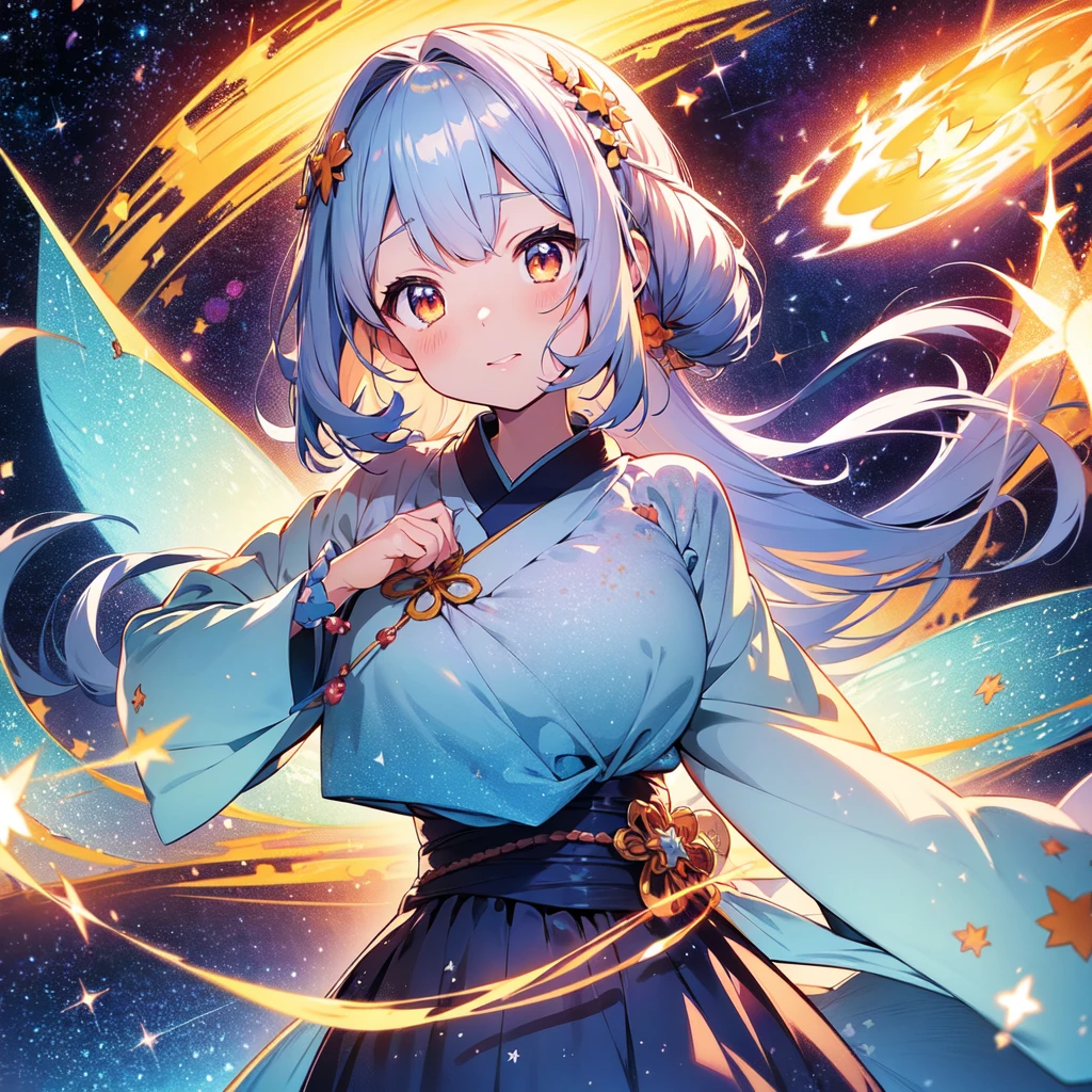 Anime girl in kimono dress with stars and galaxies、Fantasy Star Fairy、Pixiv Contest Winner、Star concept art of human anatomy、Art Station Pixiv Trends、Cute girl anime visuals、Beautiful anime artwork、Kawashi among golden fireflies、Beautiful and detailed anime art、Anime fantasy illustration、Beautiful artwork illustration、Official Art