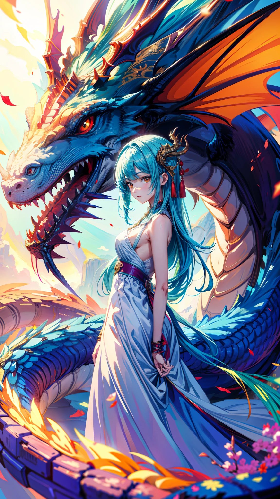 painting of a woman standing in front of a dragon, dragon girl, the dragon girl portrait, dragon art, teenage girl riding a dragon, colossal dragon as background, anthro dragon art, anime fantasy artwork, detailed dragon, dragon portrait, quetzalcoatl, dragon kissing, dragon queen, cyan chinese dragon fantasy, epic dragon, queen of dragons, 4k professional painting, game, detailed key anime art, illustation, a beautiful artwork illustration, beautiful digital painting, highly detailed digital painting, beautiful digital artwork, detailed painting 4 k, very detailed digital painting, rich picturesque colors, gorgeous digital painting