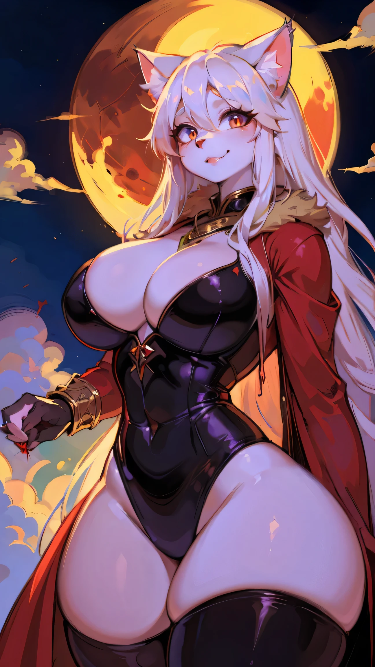 red robe,Large Breasts,(best quality,4k,8k,highres,masterpiece:1.2),ultra-detailed,(fluffy:1.5),catwoman,(beautiful/detailed eyes:1.1),long lashes,flowy chiffon,(jewelry/accessories:1.1),well-proportioned figure,(thick thighs:1.1),loona,perfectly high-detail facial features,(perfect detailed eyes:1.5),upright pupils,(cat-like eyes:1.5),smiling,extremely charming,silky long hair,perfect bust,extremely charming and gentle smile,(undead mage:1.2), Blood Moon, Ray Tracing, masterpiece, best quality, Ultra-high quality, Ridiculous details,leggings