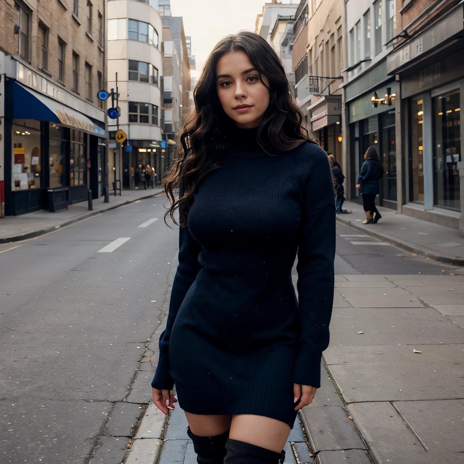 Busty wavy hair woman dressed in blue sweater dress with long black boot looks straight ahead on the street