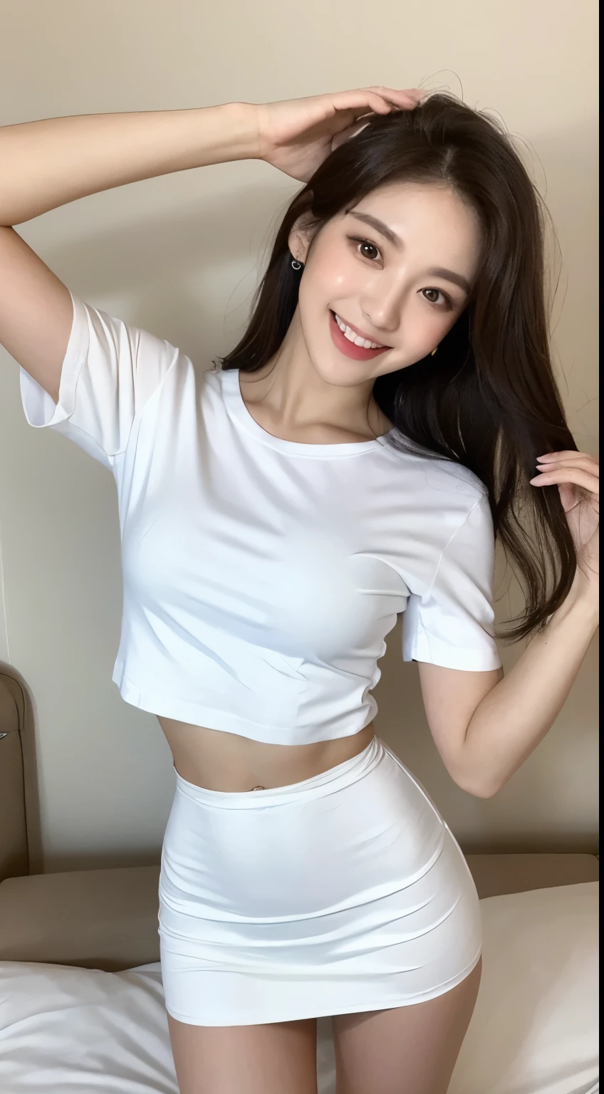 White tight shirt、White tight mini skirt、bed、smile、Short sleeve、high resolution、Korean idol face、double eyelid、White teeth