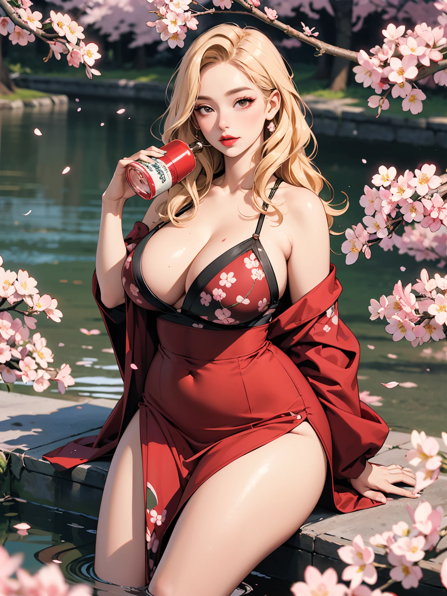 1girl, draped himation, shoulder, super detailed texture, detailed face, drinking hemlock water, ancient, scholar, blonde wavy hair, bangs, bright red rouge lips, (huge breasts:0.8), (thick thighs:0.9), (obese body:0.8), (fat thighs:0.6), (wide hips:0.8), big eyes, 8k, photorealistic, cherry tree in full bloom, falling cherry blossom petals, looking at viewer,
